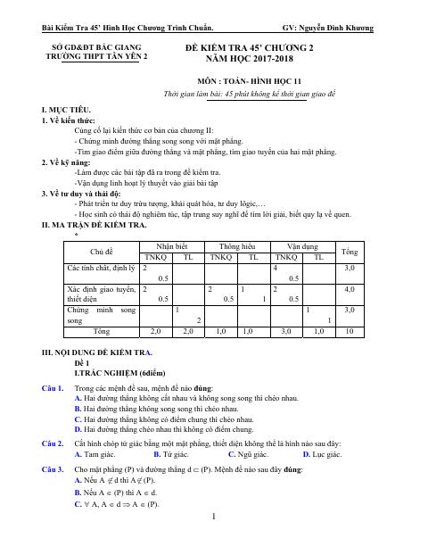 Đề kiểm tra 1 tiết Hình học 11 chương 2 (Quan hệ song song) trường THPT Tân Yên 2 – Bắc Giang